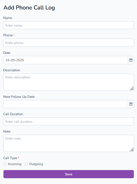 Add Call Log Form
