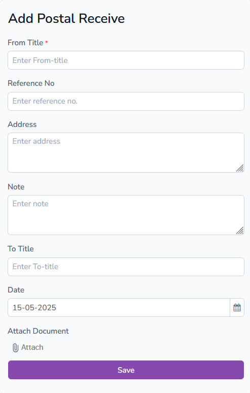 Add Postal Receive Form