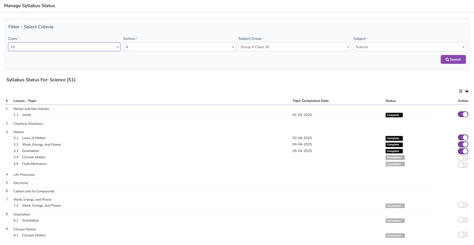 Manage Syllabus Status